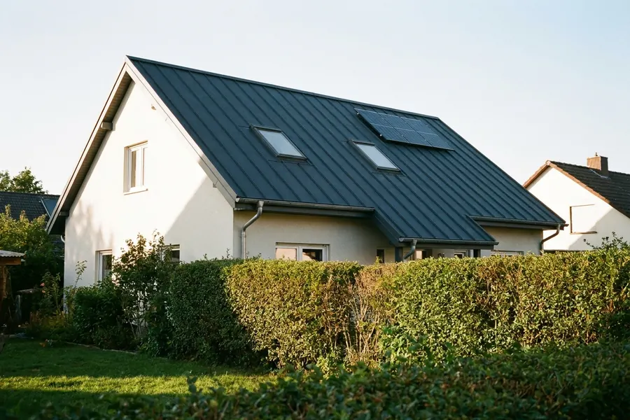 Einfamilienhaus mit neuem Stehfalzdach aus Aluminium, Dachfenstern und Photovoltaik